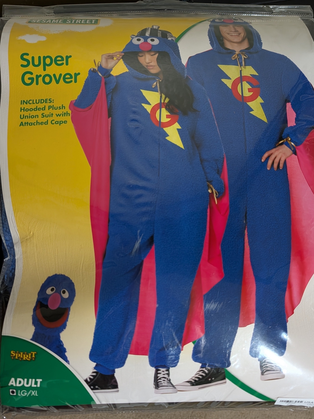 Sesame Street Super Grover Adult Blue Hooded Costume with Cape